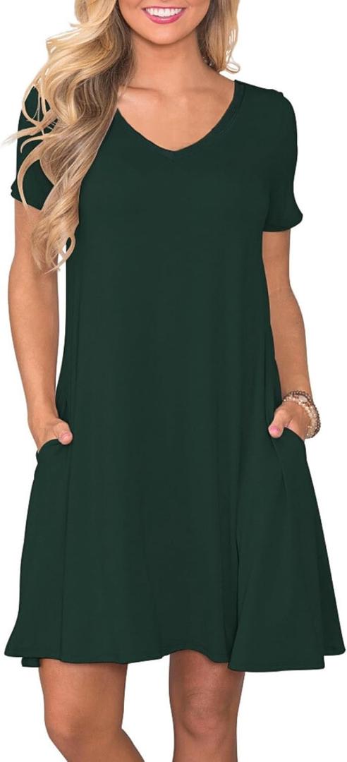 Women's Casual T Shirt Dress Summer Short Sleeve Swing Dresses with Pockets (Size Large, Dark Green)