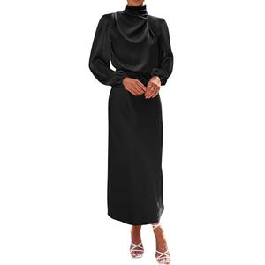 BTFBM Womens Mock Neck Satin Dress Summer Fall 2025 Long Sleeve Lightweight Formal Wedding Party Maxi Cocktail Dresses(Black, Large)