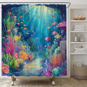 Ocean Underwater World Shower Curtain Colorful Tropical Fishes Coral in The Deep Sea Fabric Bathroom Decor Set with Hooks,(70" WX70 H)