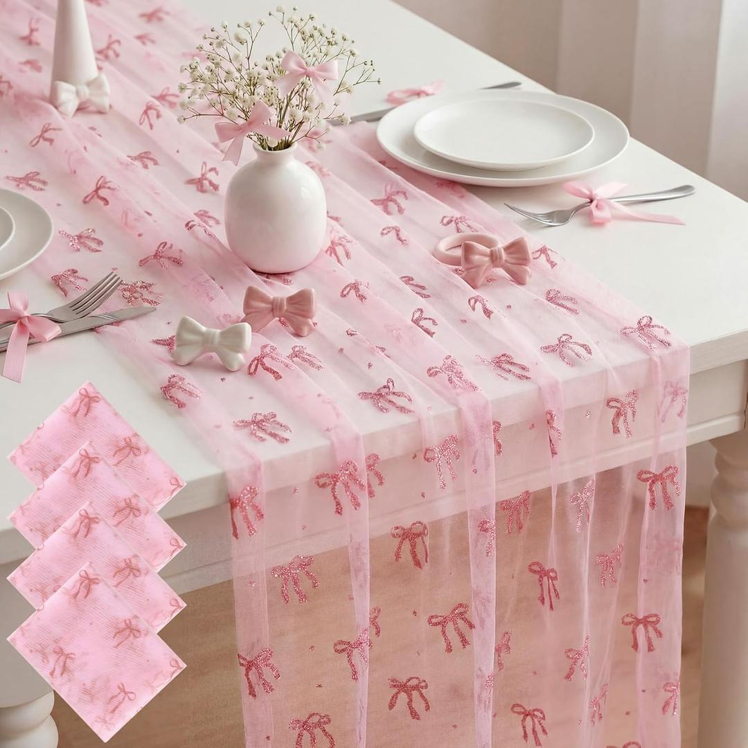 4 Pcs Pink Bow Table Runners 29 x 70 Inch Pink Tulle Lace Table Runner Coquette Bow Tablecover for Wedding Birthday Baby Shower Valentine's Home Decor