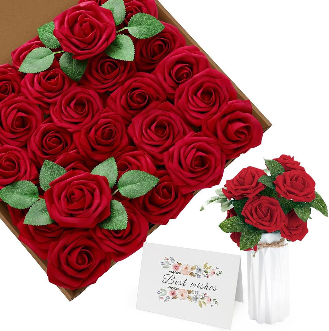 Red Roses Artificial Flowers, 30PCS Fake Roses Bulk, Artificial Roses with Stems, Real Looking Faux Flowers with Rose Buds and Card, DIY Bouquets for Wedding, Party, Home Decorations