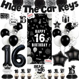 Black 16th Birthday Party Decorations - Hide The Car Keys 16 Years Old Decoration Banner with Door Banner Hanging Swirls Balloons Cake Topper, Sweet Happy 16th Birthday Party Supplies for Boys Girls