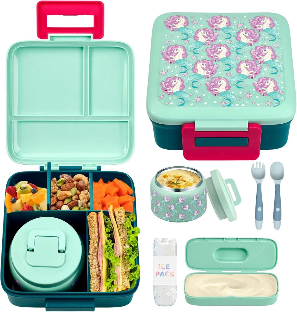 Bento Lunch Box for Kids With 8oz Soup Thermo,Leak-proof Lunch Containers with 5 Compartment,Thermos Food Jar and Lunch Bag, Food Containers for School, Blue Unicorn
