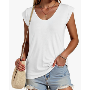 SOUWINEMYI Womens Cap Sleeve T Shirts V Neck Casual Tops Oversized TShirt Summer Trendy Lightweight Loose Fit Basic Tees (White,XXL)
