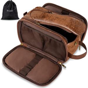 Elviros Toiletry Bag for Men, Large Travel Shaving Dopp Kit Water-resistant Bathroom Toiletries Organizer PU Leather Cosmetic Bags Fathers Day Gift (Medium, Dark Brown) (Medium (Pack of 1))