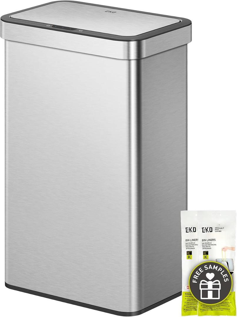 EKO Econova 30L+30L Dual Compartment Motion Sensor Trash Can, 16 Gallon Automatic Kitchen and Recycling Bin, Soft-Close Lid, Fingerprint-Resistant Stainless Steel Garbage Bin, 2 Inner Buckets