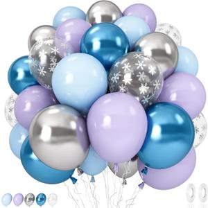 Winter Wonderland Balloons, 60PCS Light Baby Purple Blue Balloons, Metallic Blue Silver Snowflakes Confetti Balloon for Princess Ice Snow Wonderland Baby Shower Christmas Birthday Party Decorations