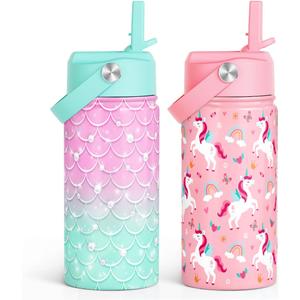 SANDJEST Kid Water Bottle 12oz with Straw Lid - 2-Pack Insulated Stainless Steel Water Bottles for Kids Girls - Travel Cup for Back to School Sports Christmas Birthday (Unicorn & Mermaid Scales)