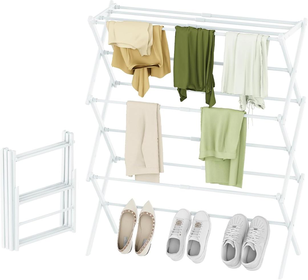 STARLATTA Foldable Drying Rack Clothing, 3-Tier Portable Clothes Drying Racks for Indoor & Outdoor, Anti-rust Compact Laundry Rack Collapsible, Compact Size, 15 lbs Max Load, White 28"D x 10"W x 35"H