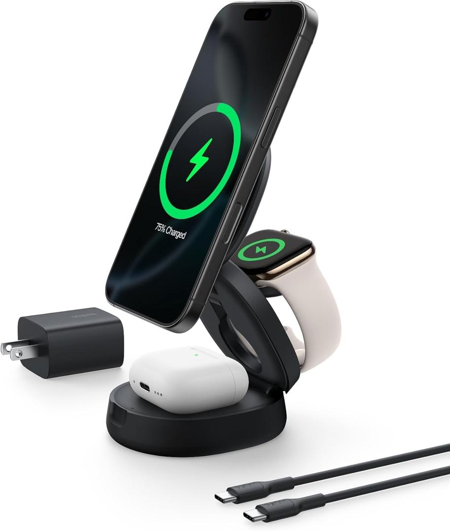 Belkin MagSafe Charger Compatible, 3-in-1 Qi2 15W Wireless Charging Station, Convertible Wireless Charger for iPhone 17, Apple Watch, AirPods, Pixel 10, Phone Stand for Travel w/ 36W Adapter - Black