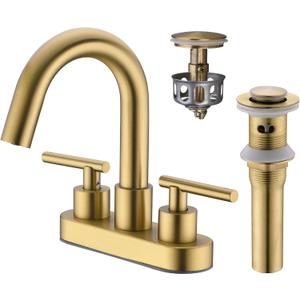 Bathroom Faucet 2 Handle 4 Inch Centerset Vanity Sink Faucet with Metal Overflow Pop Up Drain, 360Swivel Spout, Stainless Steel, Brushed Brass Gold