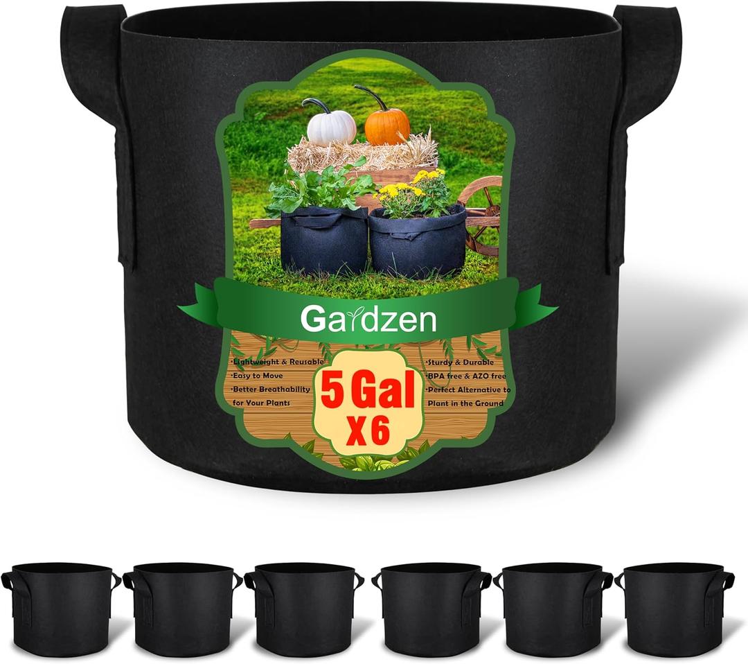 Gardzen 6-Pack 5 Gallon Grow Bags, 300G Thickened Nonwoven Fabric Pots with Handles, Heavy Duty Aeration Plant Bags for Gardening and Container Growing