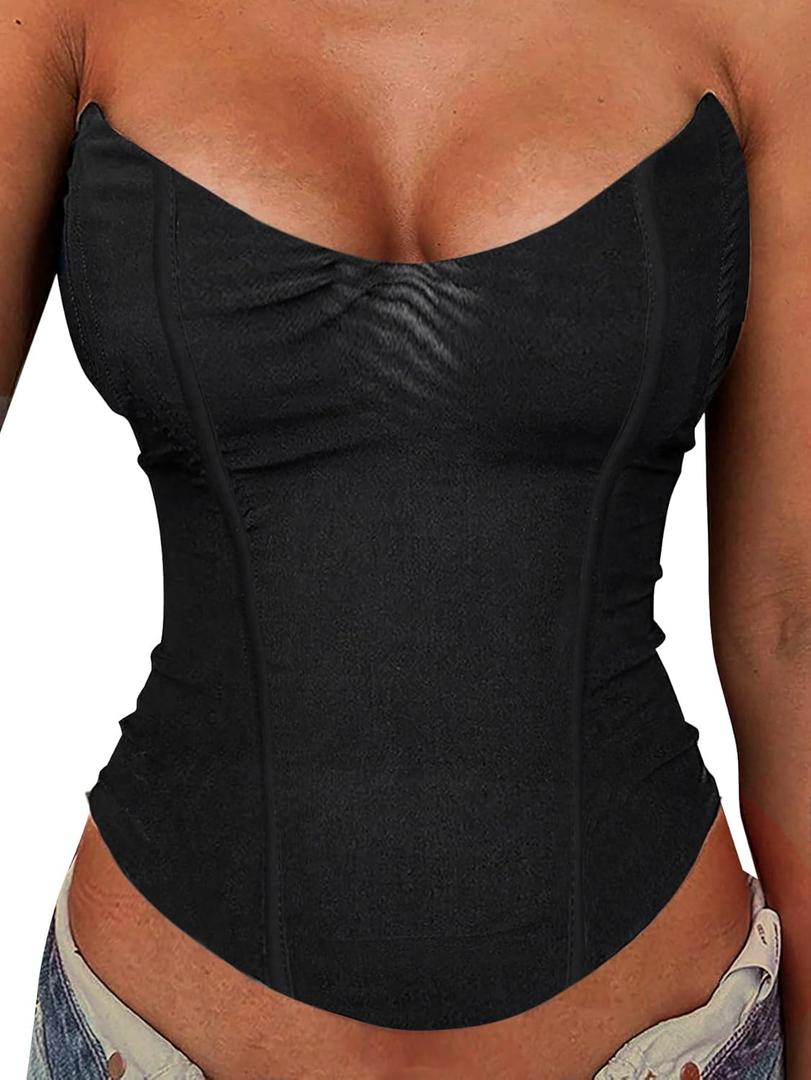 Avanova Mesh Overbust Corset Tops for Women Strapless Bustier Corsets Sexy Going Out Crop Top Black X-Small