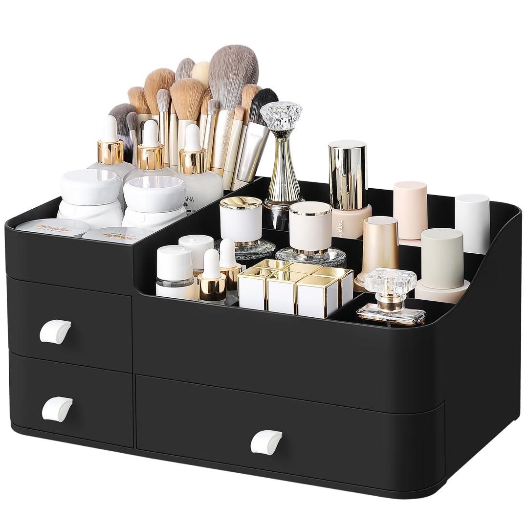 Cologne Perfume Organizer With Drawers, Large Perfumes Vanity Countertop Storage, Perfume Stand for Cologne, Deodorant, Beard, Shaving Lotion, Skincare, Dresser Organizer Room Decor for Men, Gifts for Men (black)