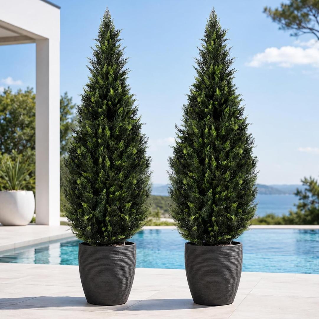 Artificial Cedar Topiary Trees, 6 FT UV Resistant Faux Boxwood Plants,Front Porch Decorations Outdoor,Realistic Evergreen Cypress for Patio Decor Set of 2