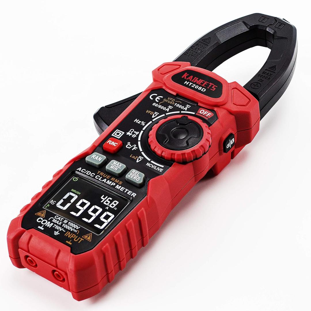 KAIWEETS HT208D Inrush Clamp Meter 1000A True RMS AC/DC Current Amp Meter, VFD, LOZ Mode, 6000 Counts, Measures Current Voltage Temperature Capacitance Resistance Diodes Continuity Duty-Cycle (no)