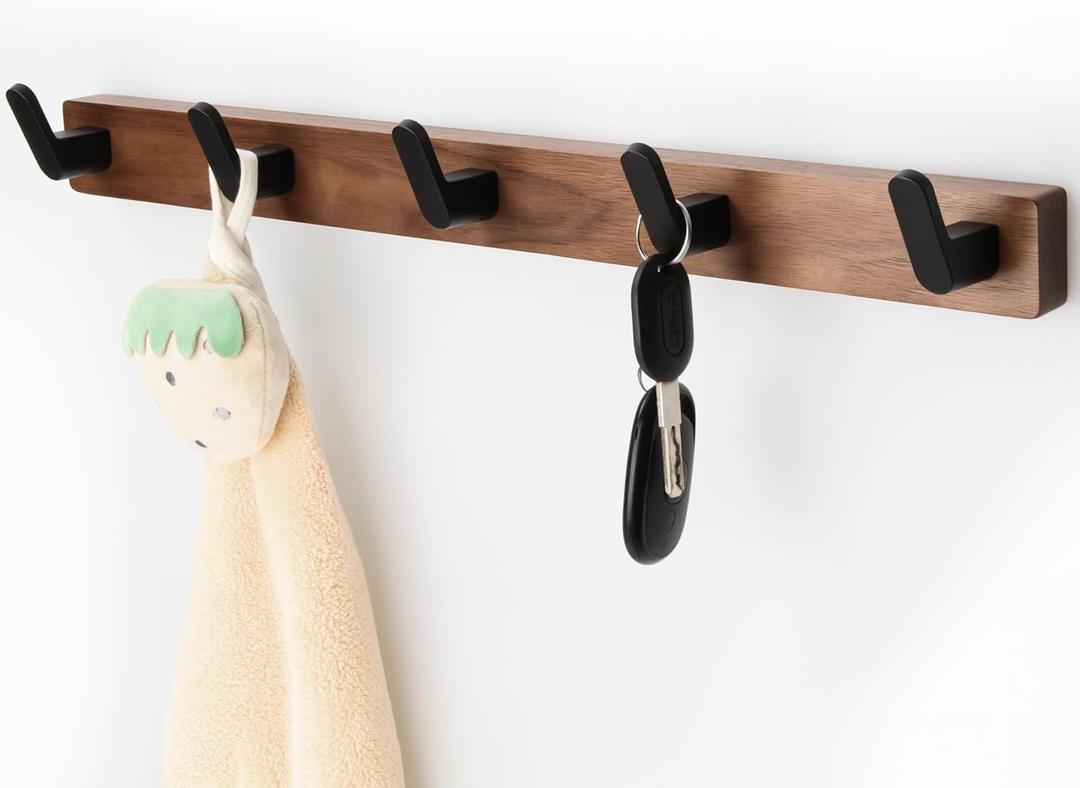 17 Inch Walnut Wood Wall Mounted Coat Rack with 5 Black Hooks, Adhesive Mounted Entryway Hooks, Modern Natural Wooden Pegs for Hanging Coat Clothes Hat Bag Purse Key and Towel