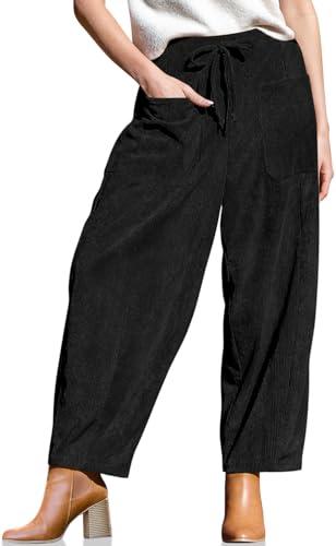 Women’s Corduroy Pants Baggy Wide Leg Pants Casual Elastic Waisted Palazzo Harem Pants with Pockets Black,S