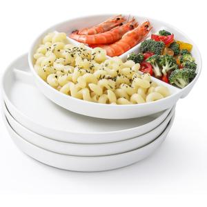 Ceramic Divided Plates Set of 4Pcs, large, White, Portion Control Plate, Reusable Bariatric Plate for Kids Adults, 3 Compartment Plates (9.99in)