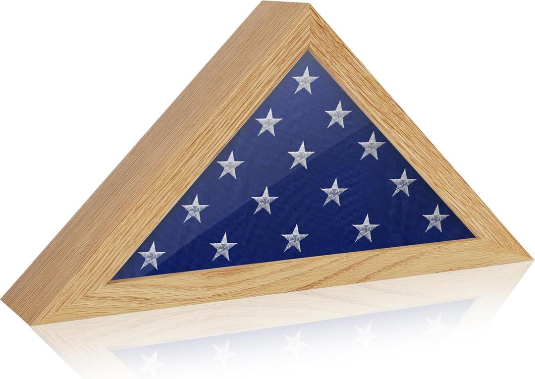 Display Case for 3' x 5' American Veteran Burial Flag - Solid Oak Wood Frame With Tempered Glass, Fits Folded Military Flag, Memorial Shadow Box for Funeral Display, Natural (For 3x5 - Oak)