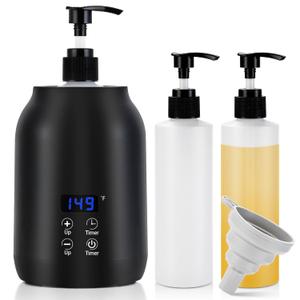 Massage Oil Warmer Heater with Dual 8.5oz Massage Oil Bottles & Funnel, Adjustable Temp (86149F) & Timer (0.524H), Compact & Quiet Heated Lotion Warmer Dispenser for Spa, Salon, Home Use (Black)