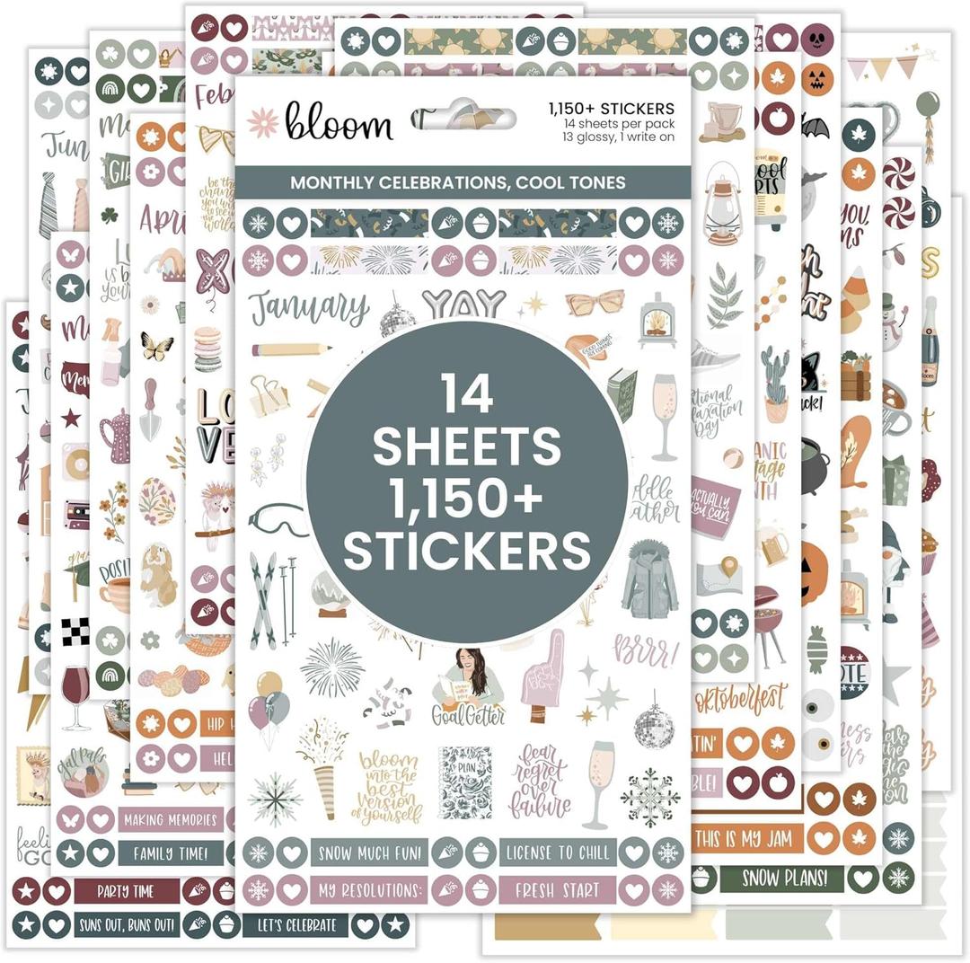 bloom daily planners Monthly Celebrations Planner Stickers for Calendar Decorating, Planning, Scrapbooking - Holiday, Seasonal, & General Events (14 Sheets, 1,150+ Stickers per Pack) - Cool Tones