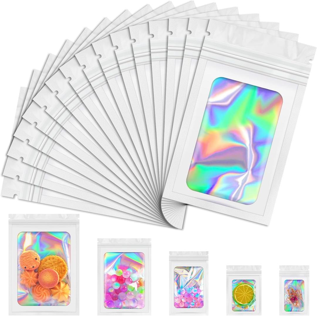 JETMORE Mylar Bags, 100 PCS Holographic Bags, White Smell Proof Bag with Front Window, Small Business Packaging Supplies, Resealable Bag for Food Storage, Bracelets, Jewelry, Sample 4x6in