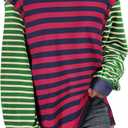 BLENCOT Women's Oversized Patchwork T Shirts Fall Long Sleeve Striped Color Block Loose Fit Pullover Tops (Red, M)