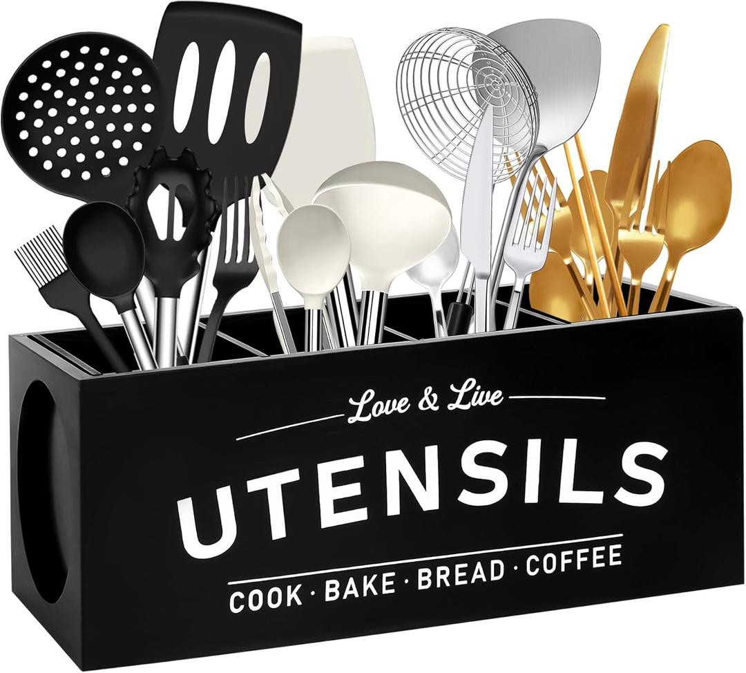 Extra Large Utensil Holder - 4 Compartments Kitchen Utnesil Organizer, Wooden Cooking Tool Crock for Kitchen Countertop, Counter Decor (Black-4)