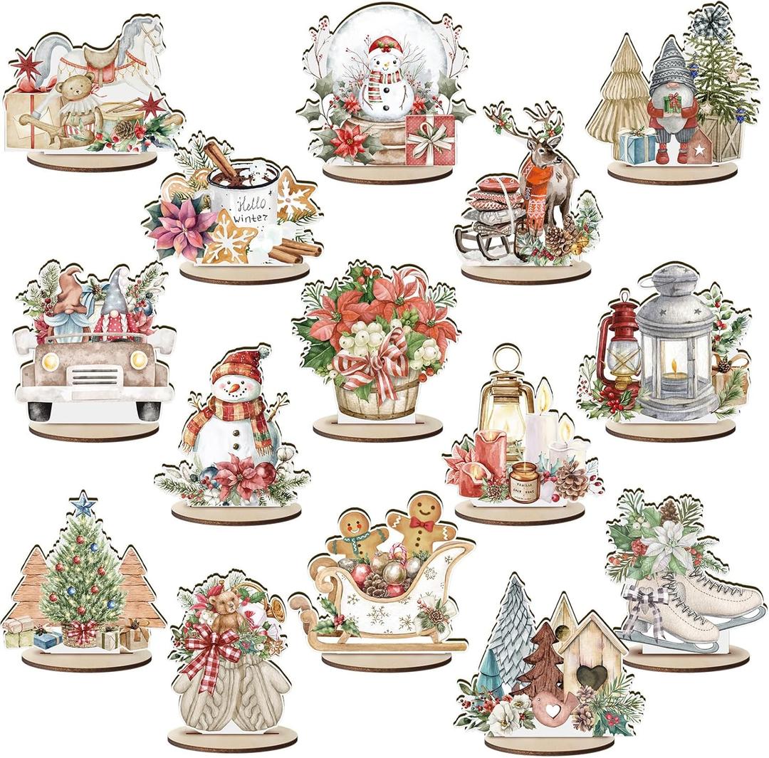 15 Pcs Wooden Centerpieces for Tables Winter Table Decor Santa Snowman Elk Gnome Xmas Tree Rustic Wooden Table Signs Tabletop Centerpieces for Christmas Winter Holiday