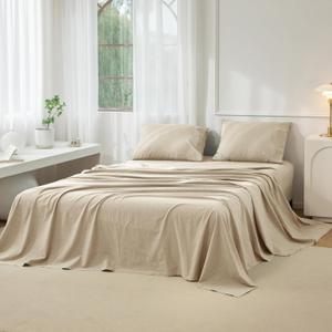 JIYUAN King Size Sheet Set, 4-Piece - 100% Washed Cotton, Linen-Like Soft & Breathable, Includes Deep Pocket Fitted & Flat Sheet with 2 Pillowcases, Hotel Quality, Heathered Tan