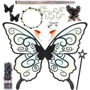 Fairy Wings for Adults Women Fairy Costume Set with Butterfly Hair Clips Lace Gloves Elf Ears Halloween Cosplay 13PCS (Black)