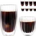 WeirdUncle Set of 8 Double Walled Glass Cups, 4 Thermo Espresso Glasses 9oz & 4 Ribbed Glassware 15oz, Fluted Dsesign, Insulated Coffee Mugs, for Iced Coffee, Latte, Cappuccino, Water, Gift