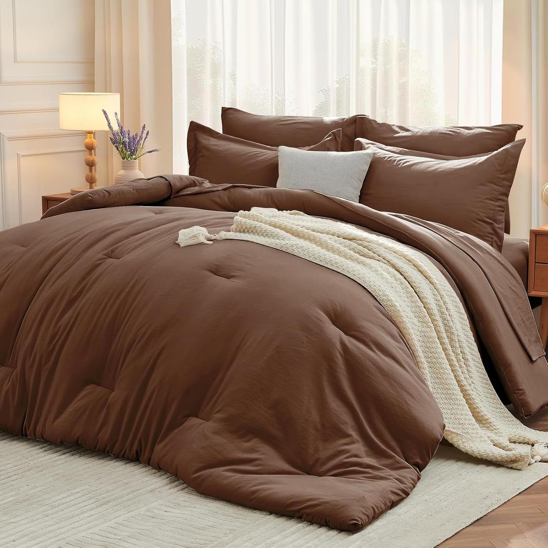 MUXHOMO 7 Pieces Queen Comforter Set, Soft Bed in a Bag Queen Size, All Season Bedding Set with Comforter, Flat Sheet, Fitted Sheet, Pillowcases & Shams, Brown