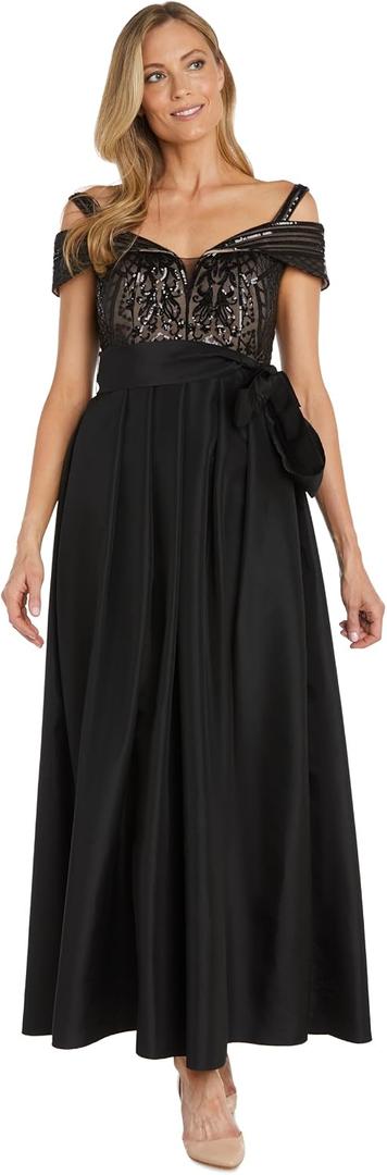 R&M Richards Women's Off The Shoulder Evening Gown W/Beaded Bodice & Sash Tie - Special Occasion Dress,  6, Black/Nude