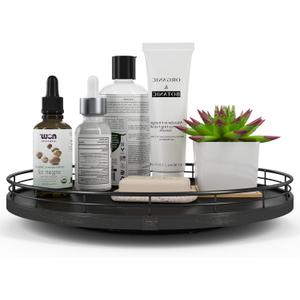 13" Oak Bathroom Vanity Tray Turntable for Perfume Candle, Round Wooden Decorative Tray for Kitchen Sink Countertop Organizer, Bathroom Counter Organizer for Skincare Makeup, Farmhouse Black Gold