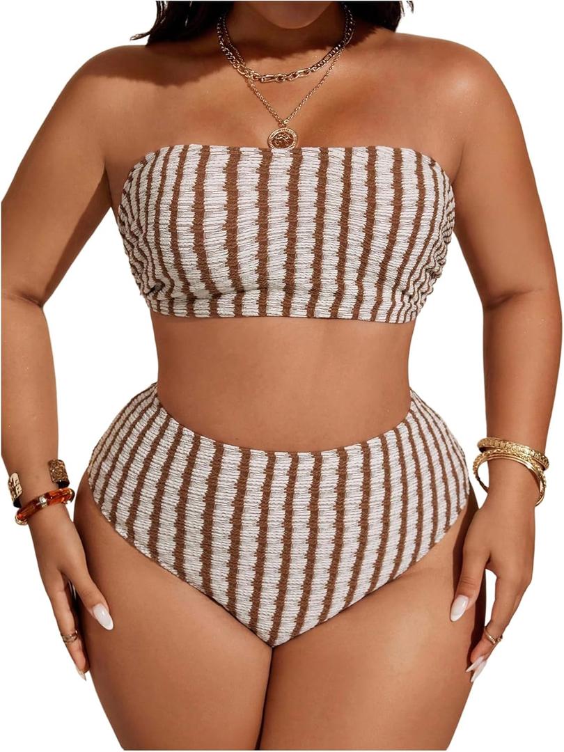 OYOANGLE Women's Plus Size 2 Piece High Waist Bikini Set Striped Bandeau Top Tummy Control Bathing Suits Swimwear (Brown, XXXL)