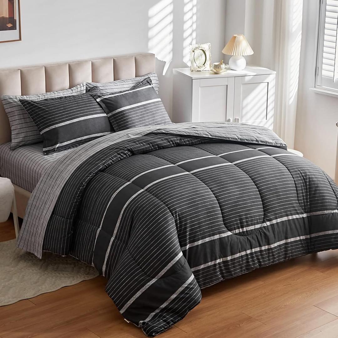 Flysheep Ombre Boho Striped Bed in a Bag 7 Pieces King Size, White Striped on Black Dark Gray Comforter Sheet Set (1 Comforter, 1 Flat Sheet, 1 Fitted Sheet, 2 Pillow Shams, 2 Pillowcases)