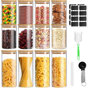 Glass Jars with Bamboo Lids Set of 12, Glass Storage Containers with Airtight Lids Storage Jars Food Storage Containers for Pasta, Flour, Cereal, Sugar, Cookie Glass Jars with Bamboo Lids Set of 12, Glass Storage Containers with Airtight Lids Storage Jars Food Storage Containers for Pasta, Flour, Cereal, Sugar, Cookie