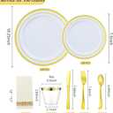 700 PCS Gold Plastic Dinnerware for 100 Guests, Gold and White Disposable Plates include 100 Dinner Plates,100 Dessert Plates,100 Silverware Set,100 Cups,100 Napkins