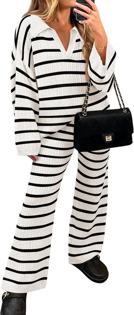 ZESICA Women's 2 Piece Sets Fall Casual Striped Long Sleeve V Neck Knit Sweater Tops and Wide Leg Pants Lounge Matching Set (White), L
