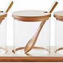 Condiment Containers with lids 3 pack Seasoning Box Condiment Pots Jars with Spoons Container for Spice Salt Sugar Cruet (bamboo 1set)
