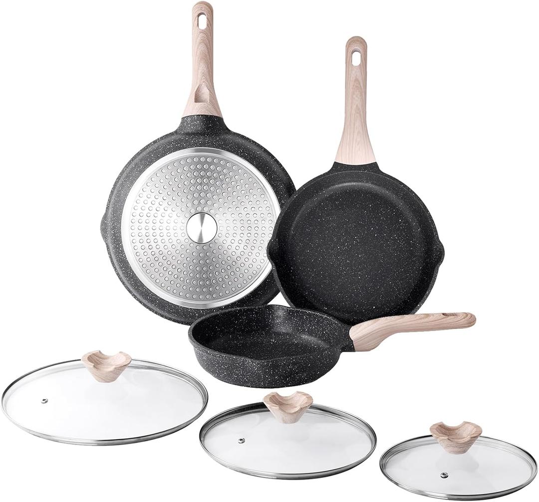 Nonstick Frying Pan Set with Lids, 3 Piece Skillet Set, Healthy Induction Cooking Pan, Stay-Cool Handle, Compatible with All Stovetops, PFOA Free (8, 9.5, 11 Inch) (Classic Granite)
