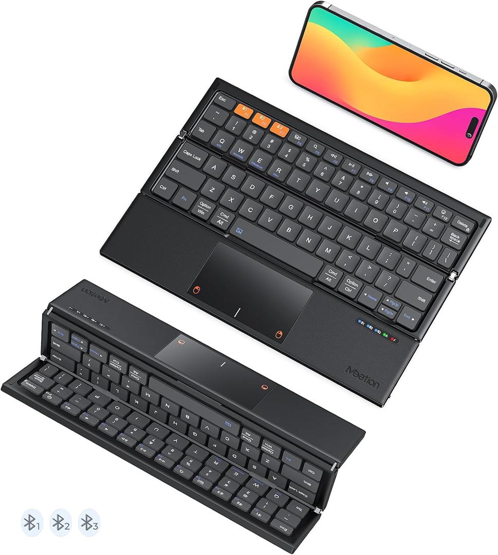 MEETION Foldable Bluetooth Keyboard with Touchpad, Tri-Folding Compact Box Portable Keyboard, Rechargeable Wireless Travel Keyboards with Trackpad for iPad Smartphone Laptop PC Windows iOS Mac Android