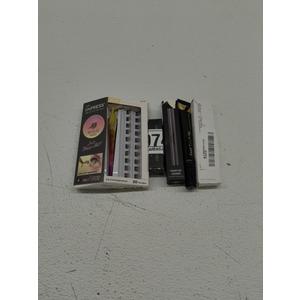 KISS imPRESS Falsies Self Adhesive Eyelashes; jane iredale ColorLuxe Eye Shadow Stick Dove Grey; BADCOLOR Gold Eye Black Blendable Face Body Paint Stick; Shimmer Cream Eyeshadow Stick; HAIOLORPRO Root Touch Up Hair Color Medium Brown