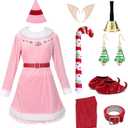 10 x 7 Pcs Women Christmas Elf Costume Set Santa's Helper Velvet Dress Xmas Outfit Elf Ears Hat Shoes Belt Socks Bell (Pink, XXL)