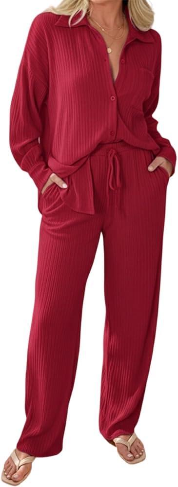 CHICME Womens 2 Piece Vacation Outfits Casual Resort Wear 2026 Beach Cover Up Button Down Shirt Loose Pants Set with Pockets (Red, L)