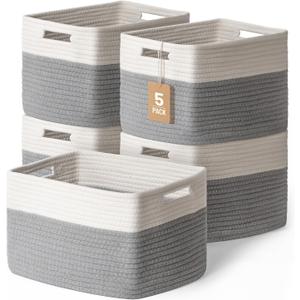 5 Pack Woven Storage Baskets for Shelves, Decorative Basket Closet Organizer Storage Bins for Clothes, Books, Pantry, Bathroom – Cotton Rope Shelf Baskets for Organizing and Decor, Gray & White