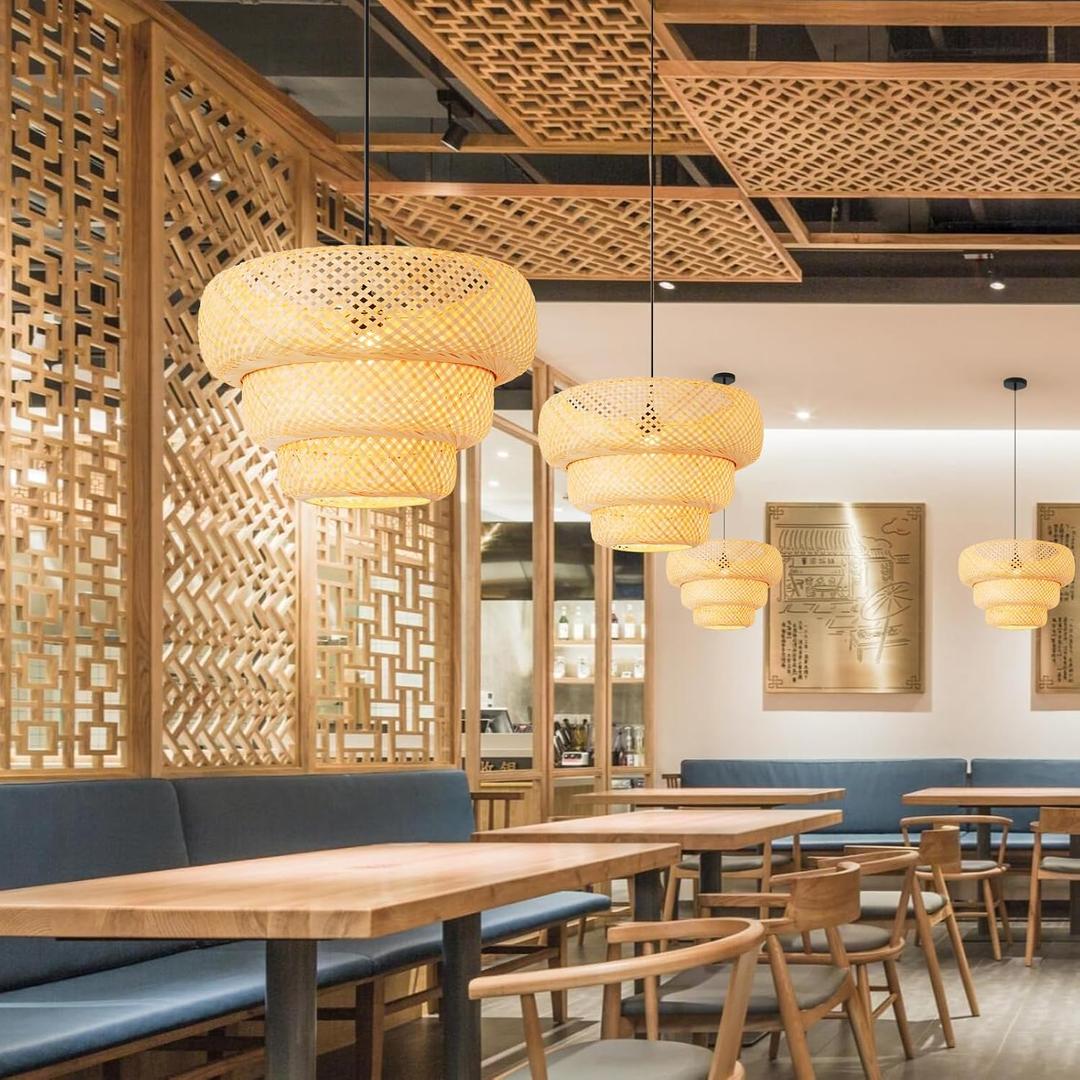 18.5" Bamboo Pendant Light,Boho Rattan Hanging Light 3-Tier Hand Woven Wicker Chandelier for Kitchen Island for Kitchen Island Dining Bedroom Living Room Restaurants
