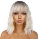 Short Bob Wigs with Bangs for Women Loose Wavy Wig Curly Wavy Shoulder Length Bob Synthetic Cosplay Wig for Girl Colorful Costume Wigs (Light Blonde Ombre)